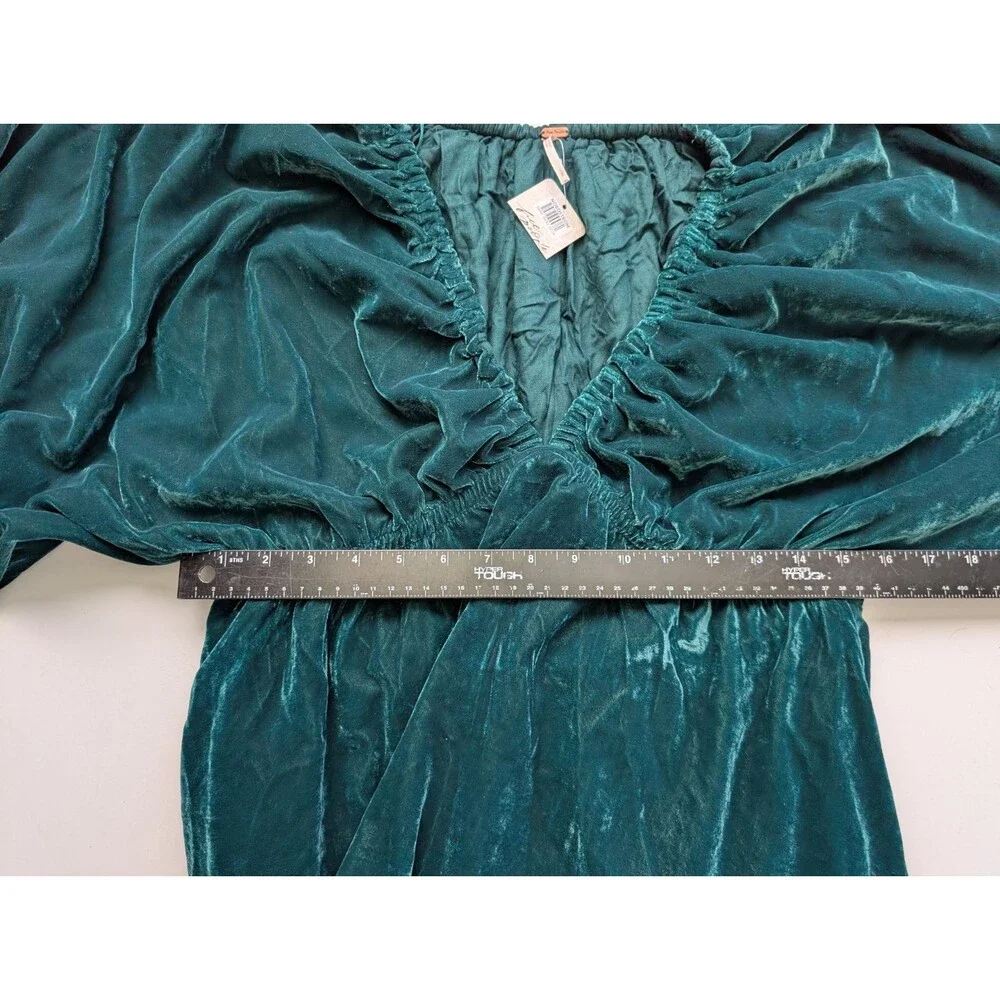 NWOT Free People Portia Velvet Mini Dress Ruched Balloon Sleeves Emerald Sz S